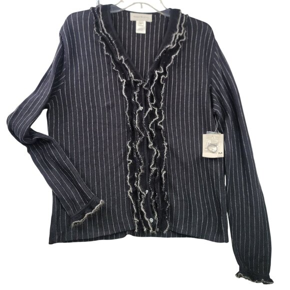 Susan Bristol 90's Vintage Deadstock Black White Striped Cardigan M Angora Blend - Picture 1 of 11